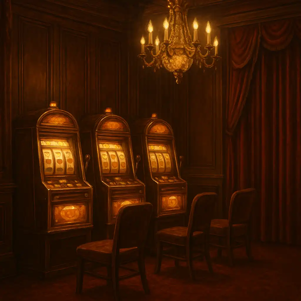 Vintage-Casino-Clubinterieur mit bronzenen Spielautomaten und Samtvorhängen