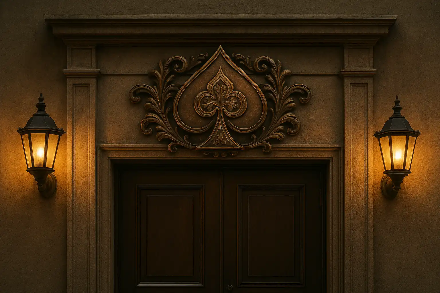 Bronze club emblem above a dark brown casino entrance